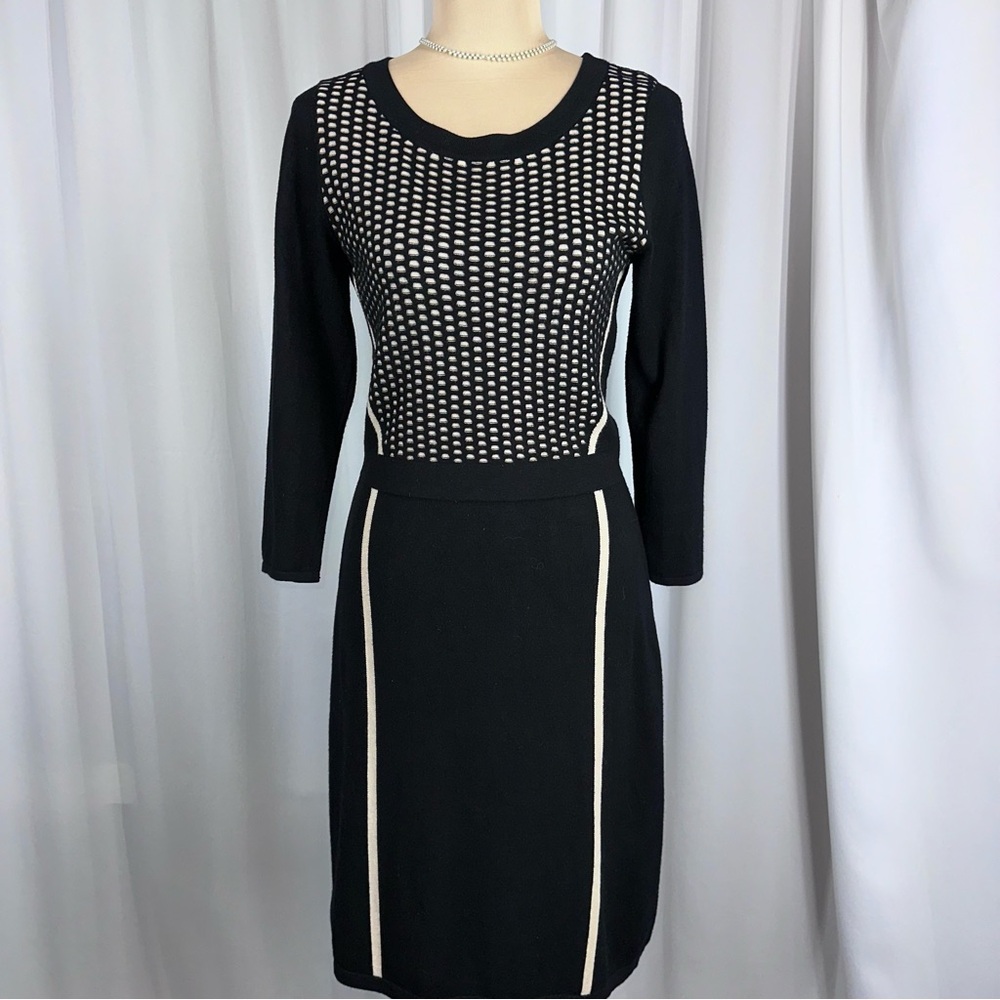 The Limited Sweater Dress Sz M Black Tan Knit Midi Sheath Long Sleeve Career EUC